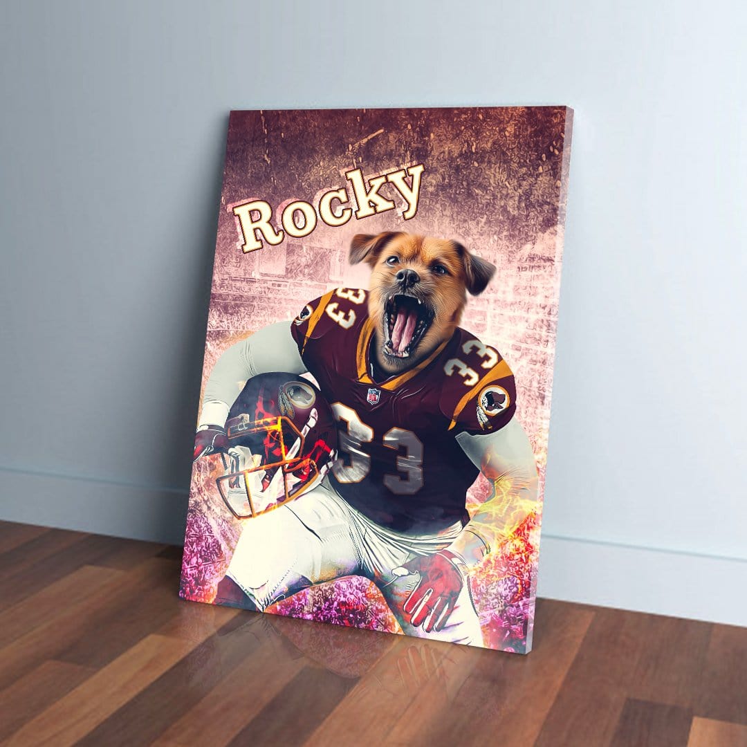 Personalized pet canvas featuring a dog in a Washington Doggos football uniform, holding a helmet.