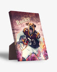 Personalized pet standing canvas featuring a dog in a football uniform, named "Rocky," with a pre-attached stand.