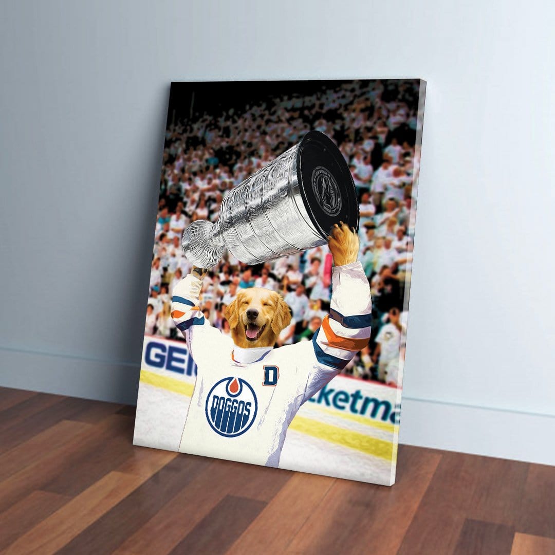 Golden Retriever dog in a hockey jersey holding a silver trophy on a personalized canvas.