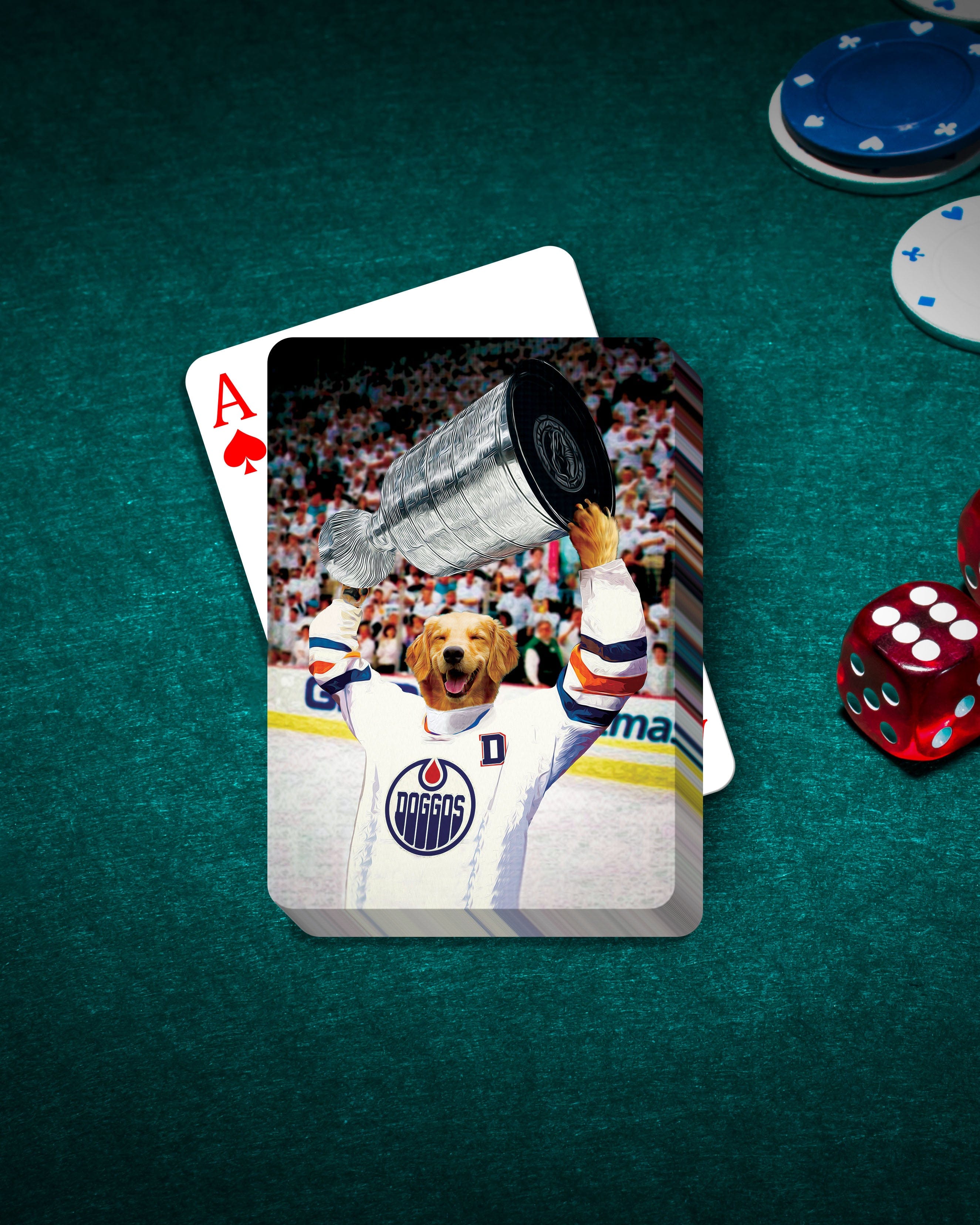 Personalized playing cards featuring a custom dog portrait in a hockey jersey holding a trophy.