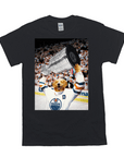 Black Gildan t-shirt with a golden retriever's head on a hockey player holding a silver trophy.
