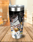 Personalized stainless steel tumbler with a golden retriever dog in a hockey uniform holding a trophy.