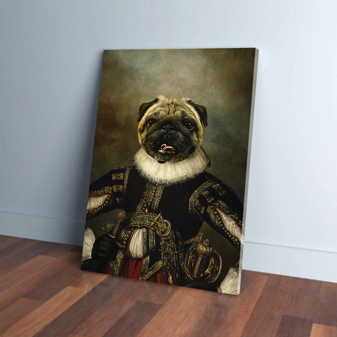 Personalized 'William Dogspeare' canvas featuring a pug in a historical black and gold costume.