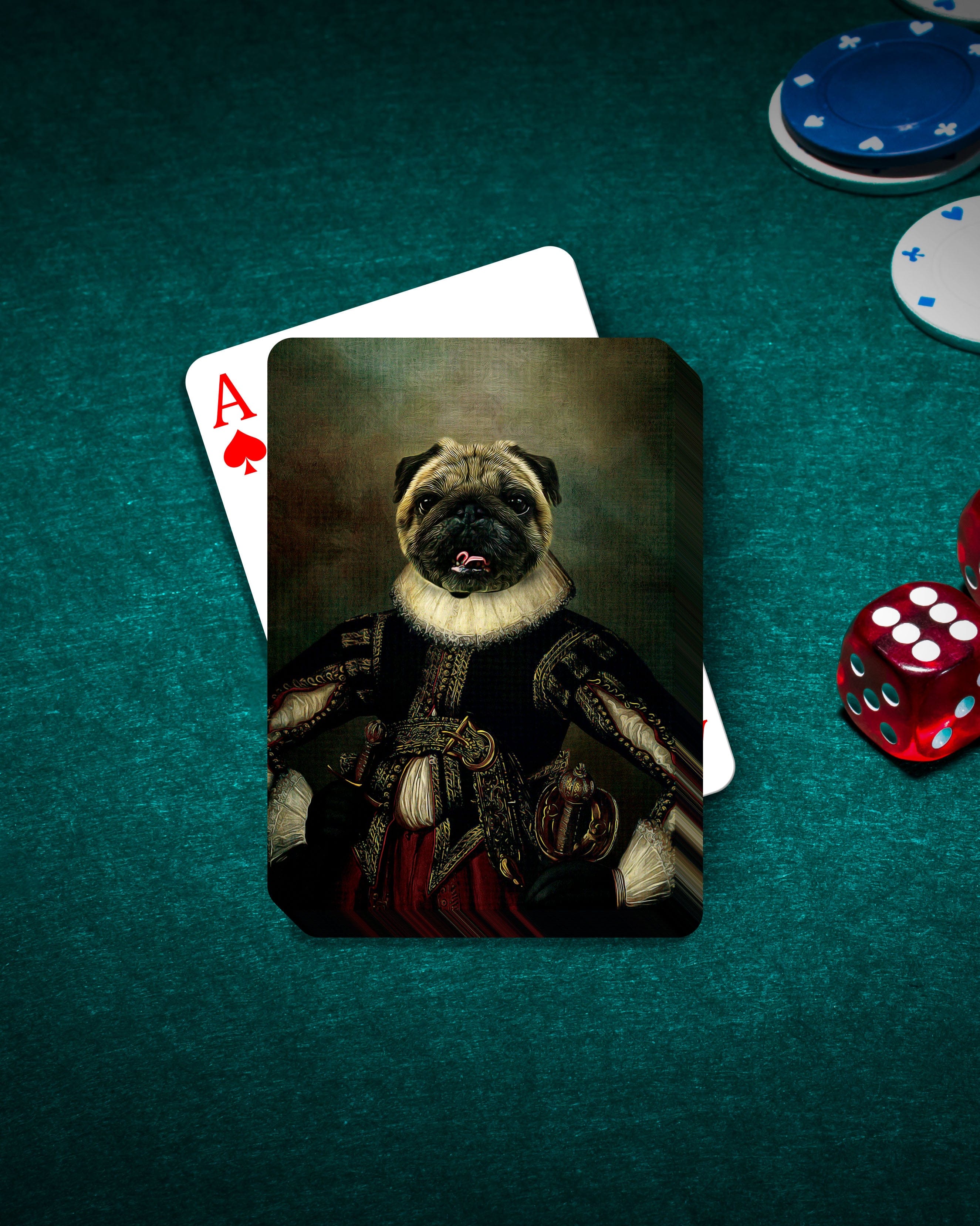 Personalized William Dogspeare playing cards featuring a pug in a renaissance royal portrait on a green felt table.