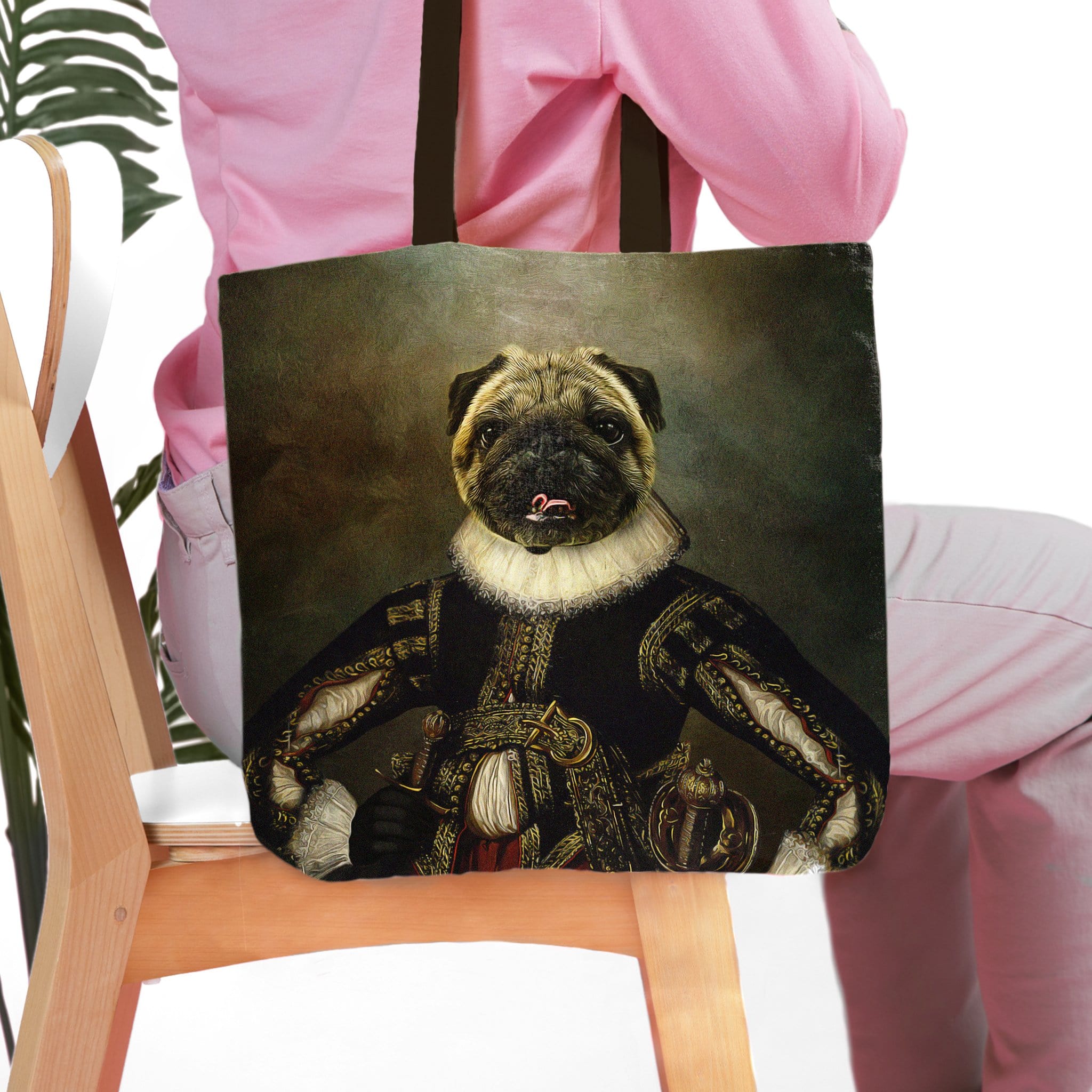 Personalized tote bag with a custom renaissance royal portrait of a pug dog.