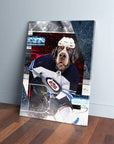 Personalized pet canvas featuring a dog in a Winnipeg Doggos hockey uniform, white helmet, and blue jersey.