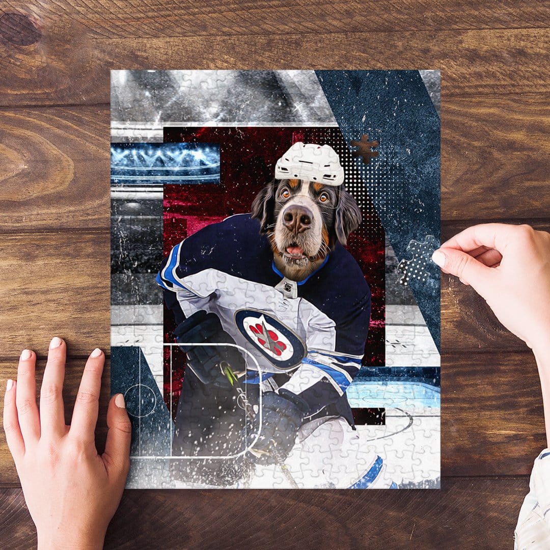 Personalized pet puzzle featuring a dog in a Winnipeg Doggos hockey uniform.