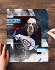 Personalized pet puzzle featuring a dog in a Winnipeg Doggos hockey uniform.