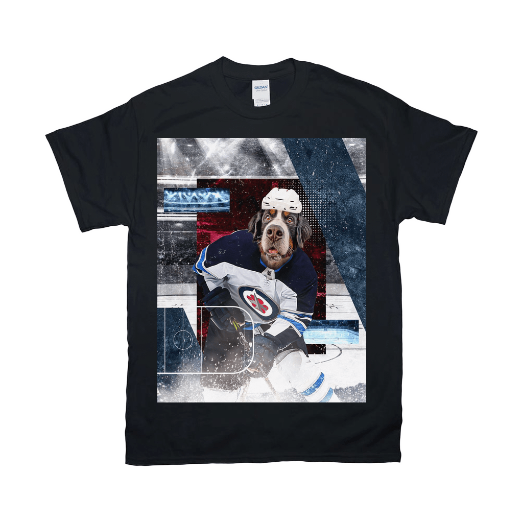 Black Gildan t-shirt with a personalized hockey dog graphic featuring a brown dog in goalie gear.