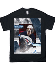 Black Gildan t-shirt with a personalized hockey dog graphic featuring a brown dog in goalie gear.