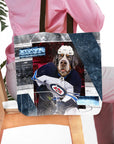 Personalized tote bag with a custom pet portrait of a dog in a hockey uniform.