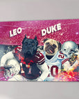 Custom canvas featuring a black Cane Corso and a fawn Pug in football uniforms with names "Leo" and "Duke.