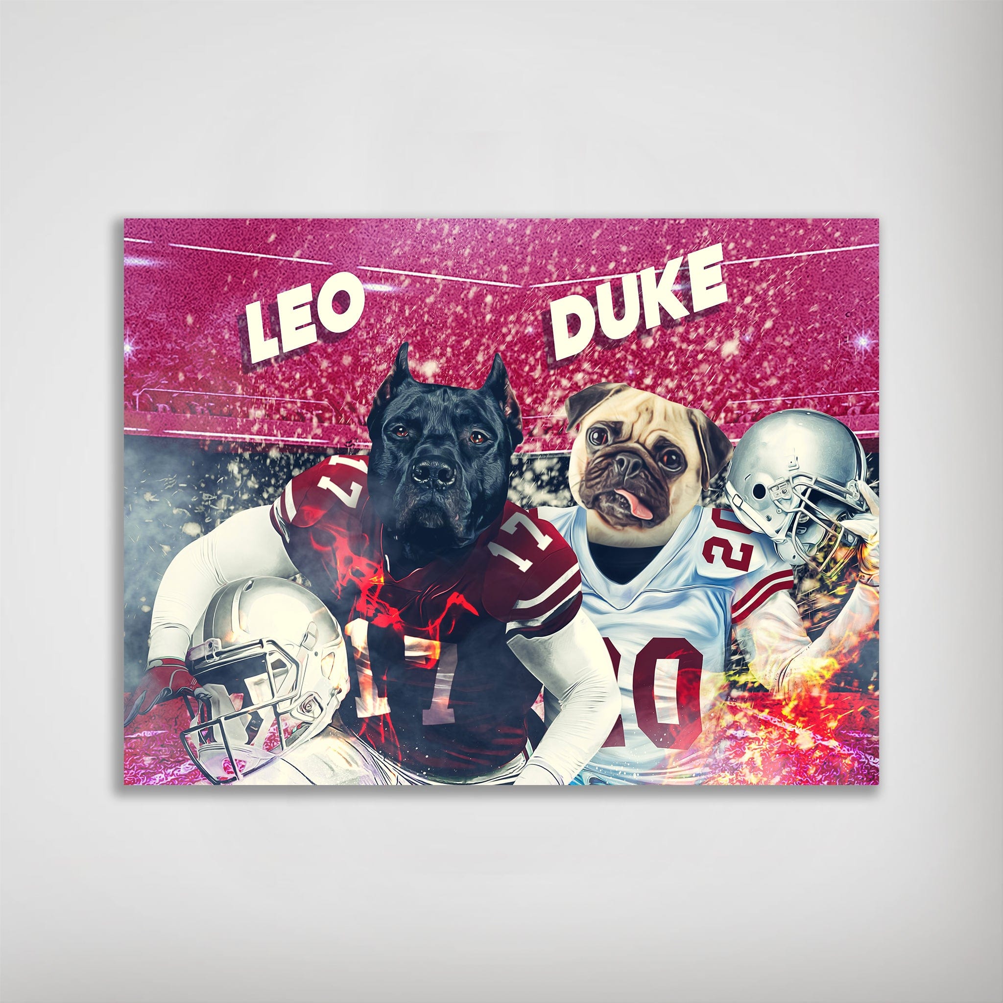 Personalized 'Wisconsin Doggos' poster featuring two pets as football players in red and white jerseys.