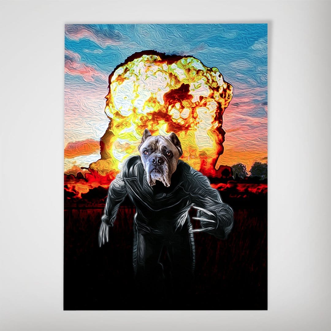 Personalized "Wolverine Dog" poster featuring a dog in a black suit with claws, against an explosion backdrop.