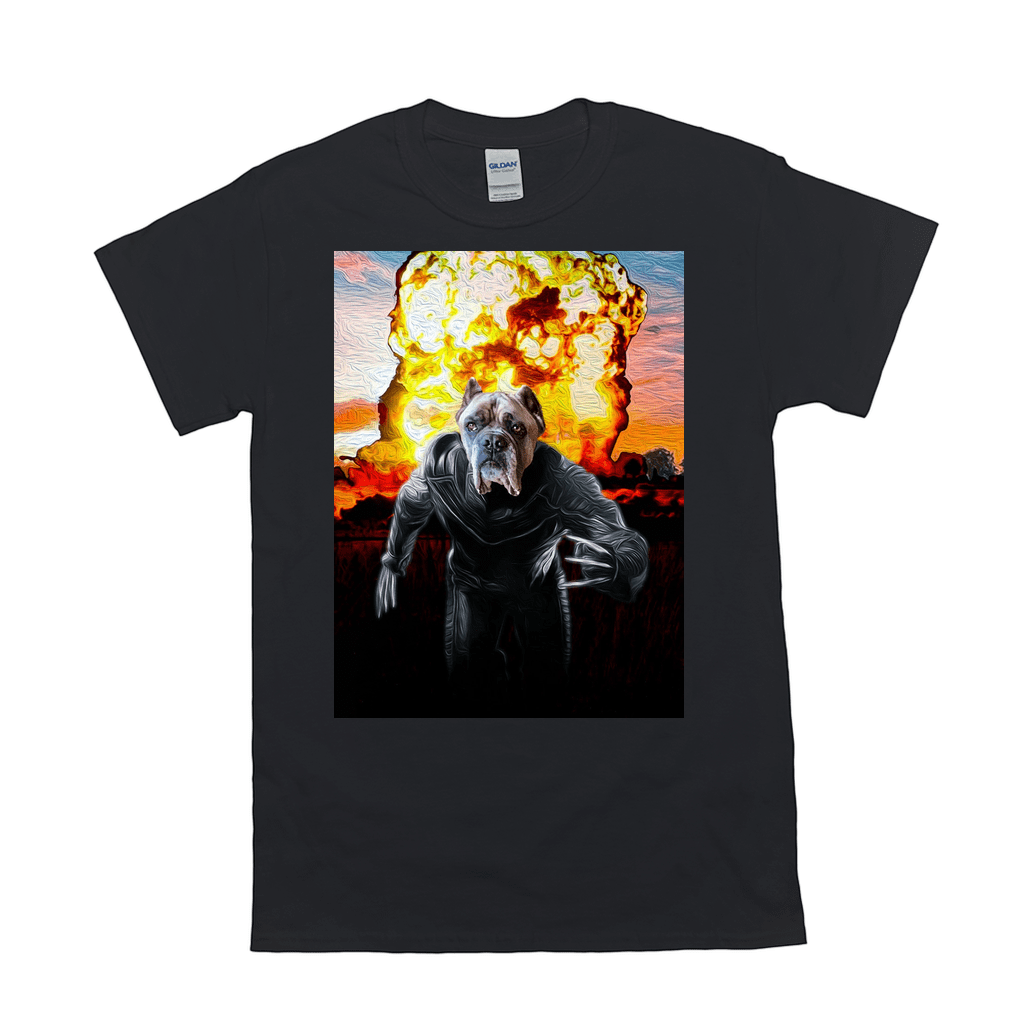 Black Gildan t-shirt with a "Wolverine Dog" design: a dog in a superhero suit with claws, against a mushroom cloud.