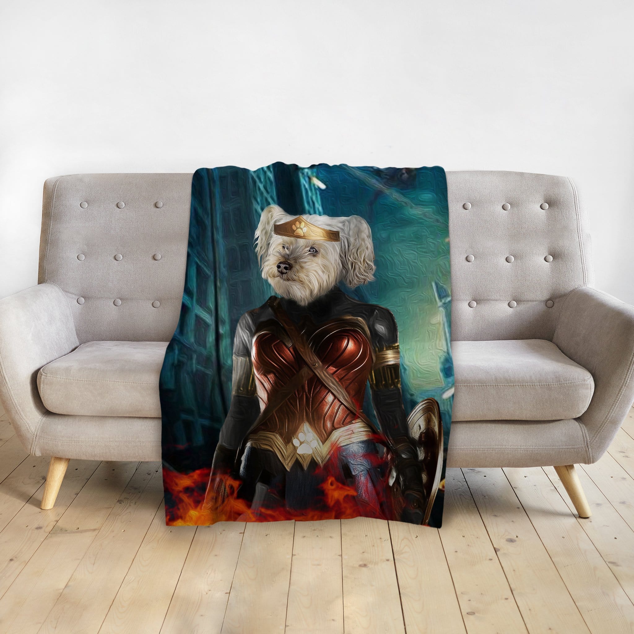 Personalized pet blanket with a white dog in a Wonder Woman portrait style.