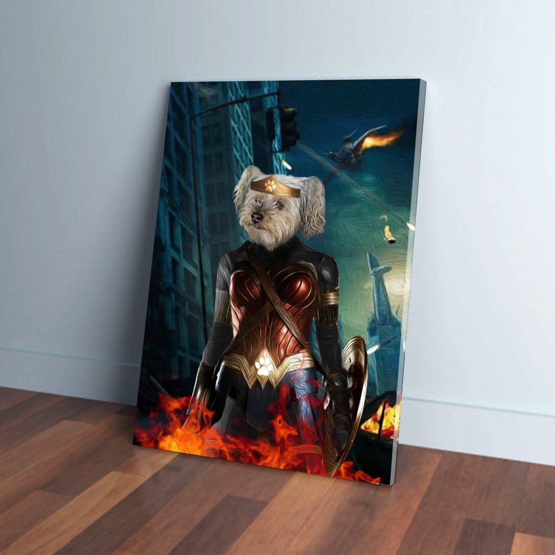Personalized 'Wonder Doggette' pet canvas featuring a white dog in a superhero costume with a shield, surrounded by fire.
