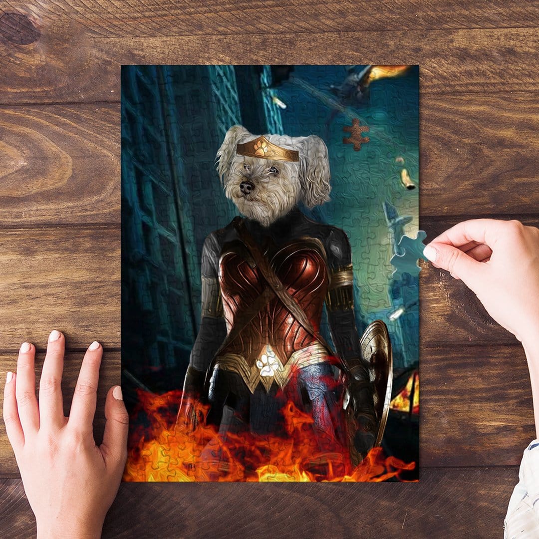 Personalized Wonder Doggette pet puzzle featuring a white dog's head on a superhero body with fire.