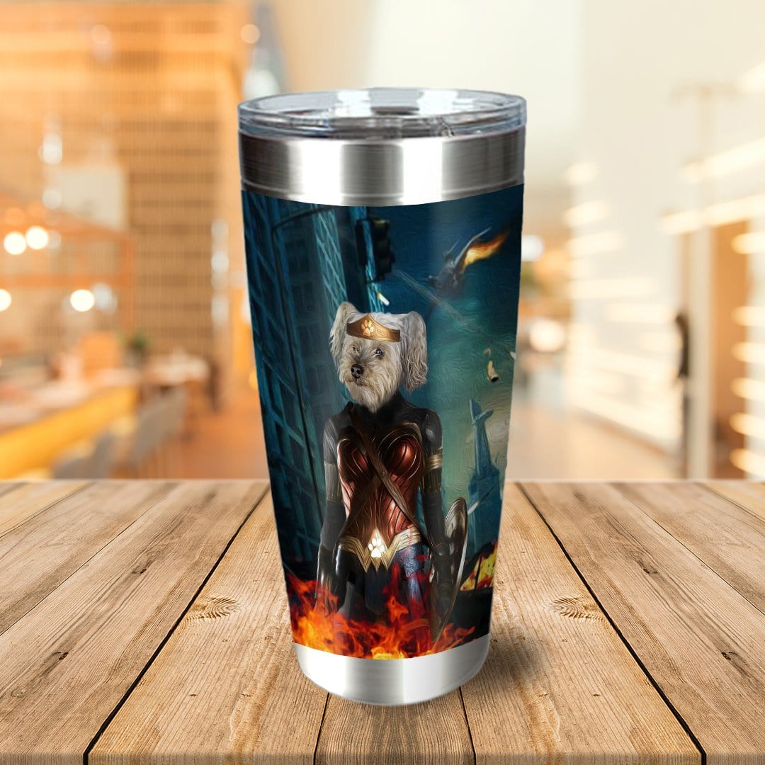Personalized 7" stainless steel tumbler with a custom dog portrait in a superhero costume.