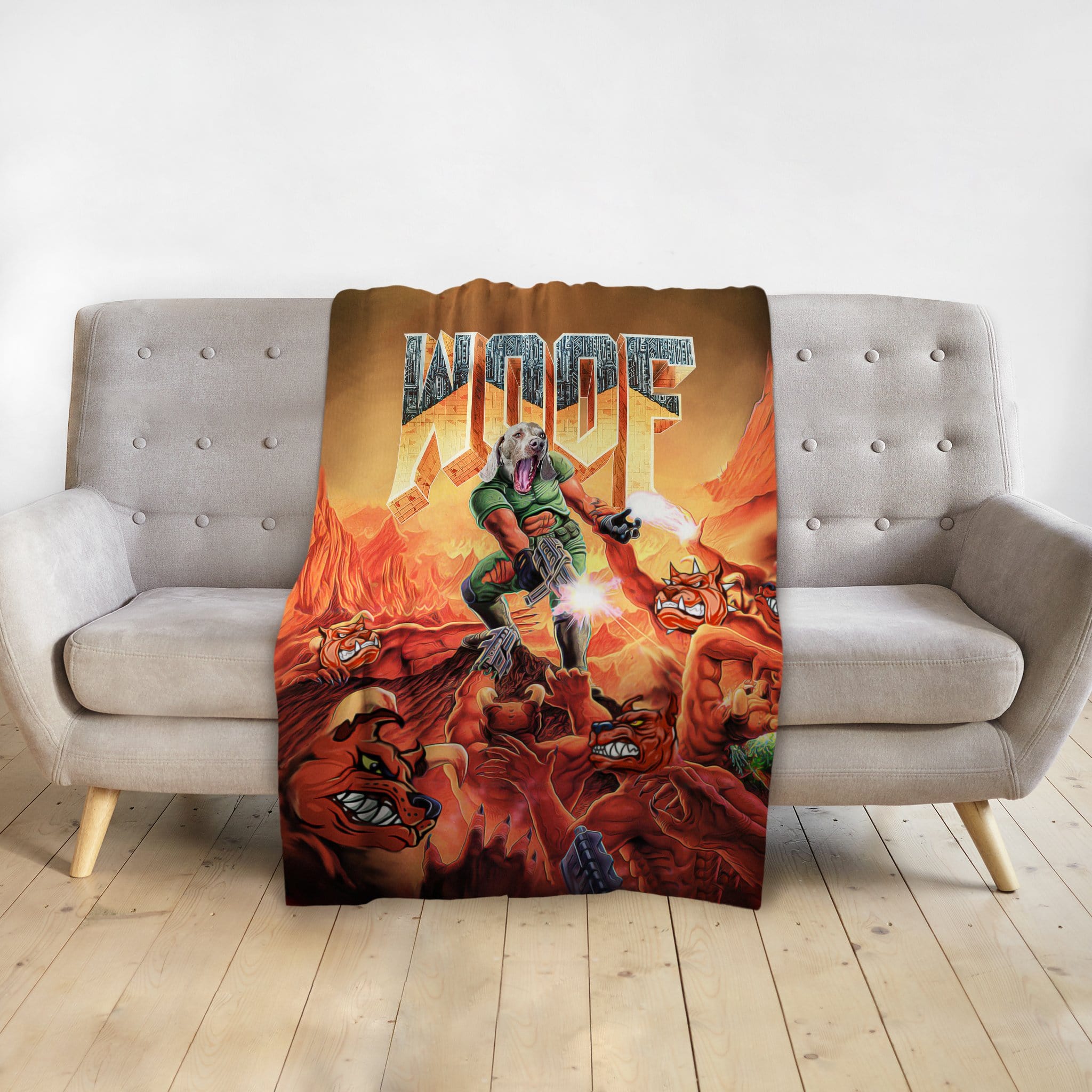 Personalized pet blanket with a dog in a Doom-style portrait, fighting monsters.