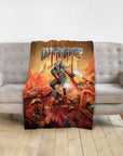 Personalized pet blanket with a dog in a Doom-style portrait, fighting monsters.