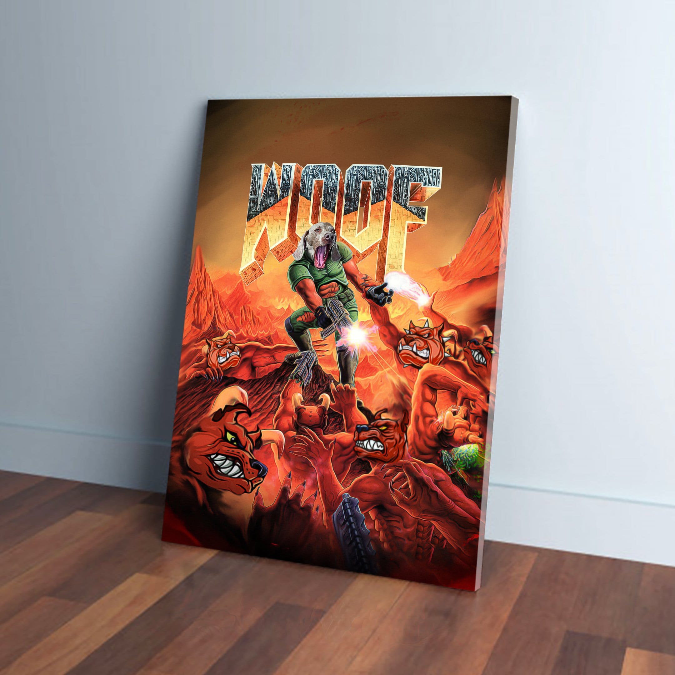 Personalized 'Woof' pet canvas featuring a dog in a green shirt fighting red monsters in a fiery landscape.