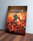 Personalized 'Woof' pet canvas featuring a dog in a green shirt fighting red monsters in a fiery landscape.