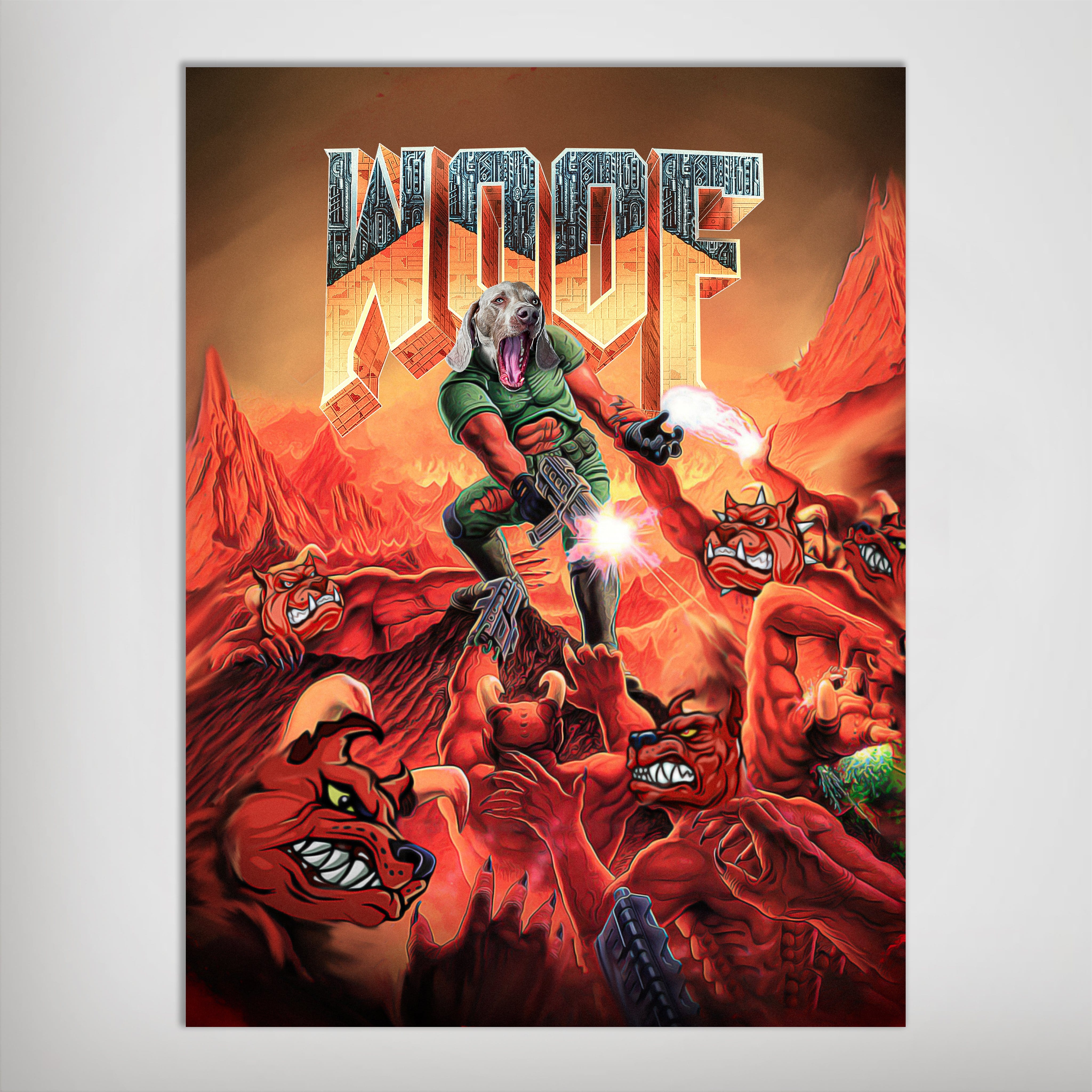 Personalized 'Woof' pet poster featuring a dog's head on a Doom-style character fighting red demons.