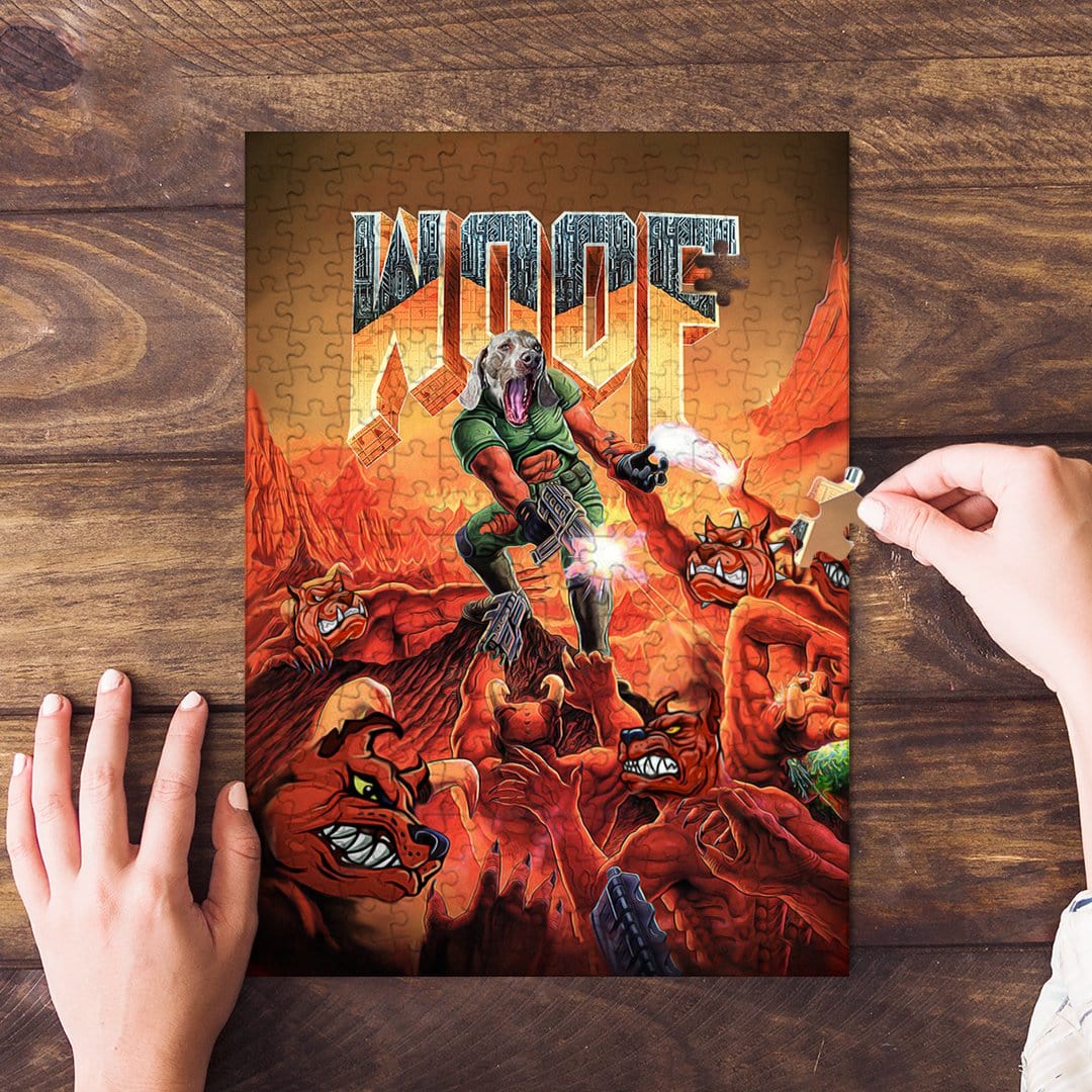Custom pet portrait puzzle in a "Woof" Doom-style, featuring a dog hero fighting red monster dogs.