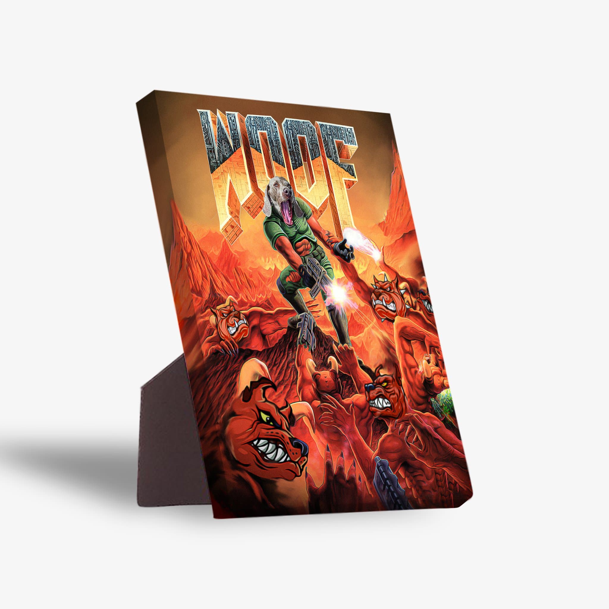 Personalized 'Woof' pet standing canvas featuring a dog in a Doom-style scene with a sturdy back stand.