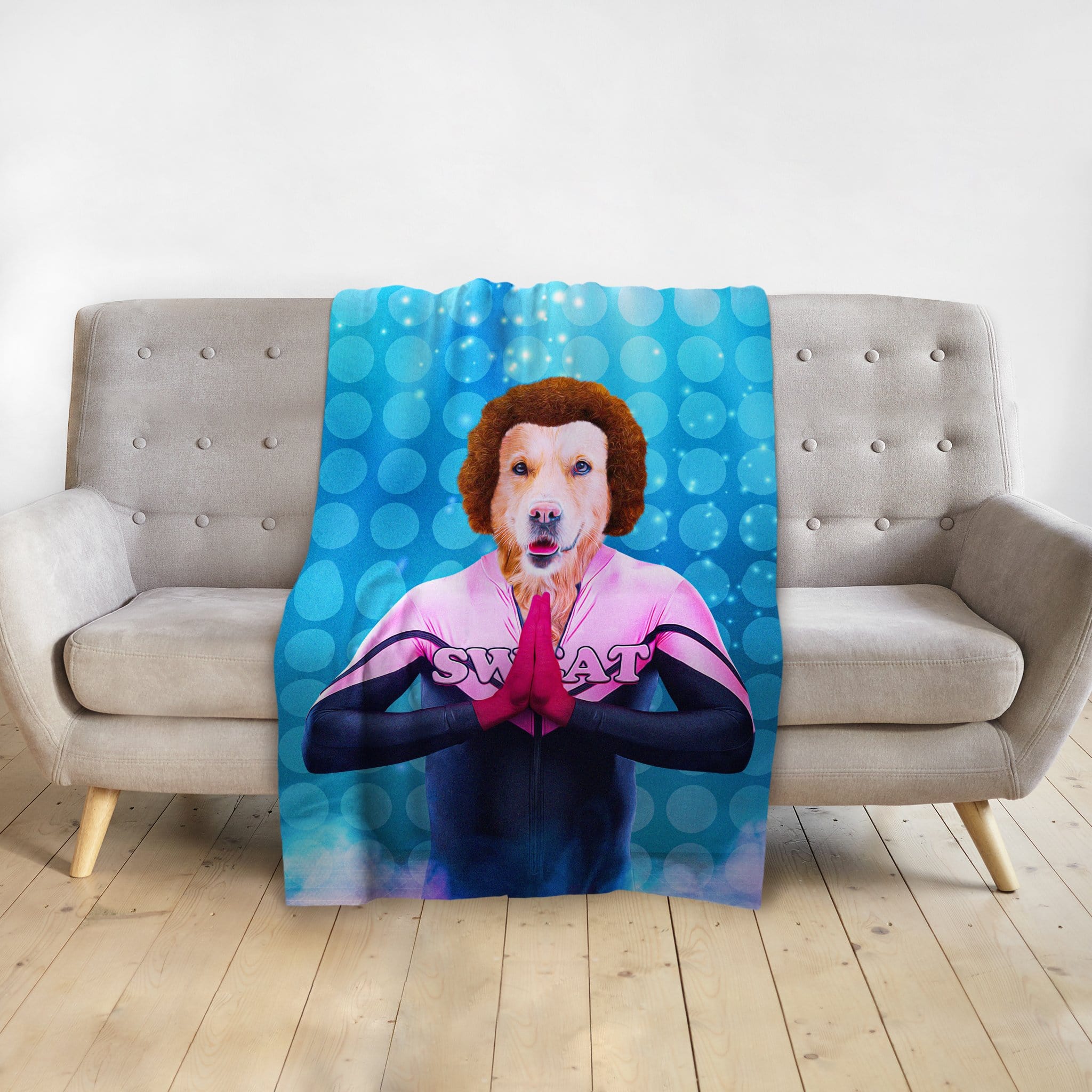 Personalized pet blanket with a golden retriever in a pink "SWAT" uniform and red afro.