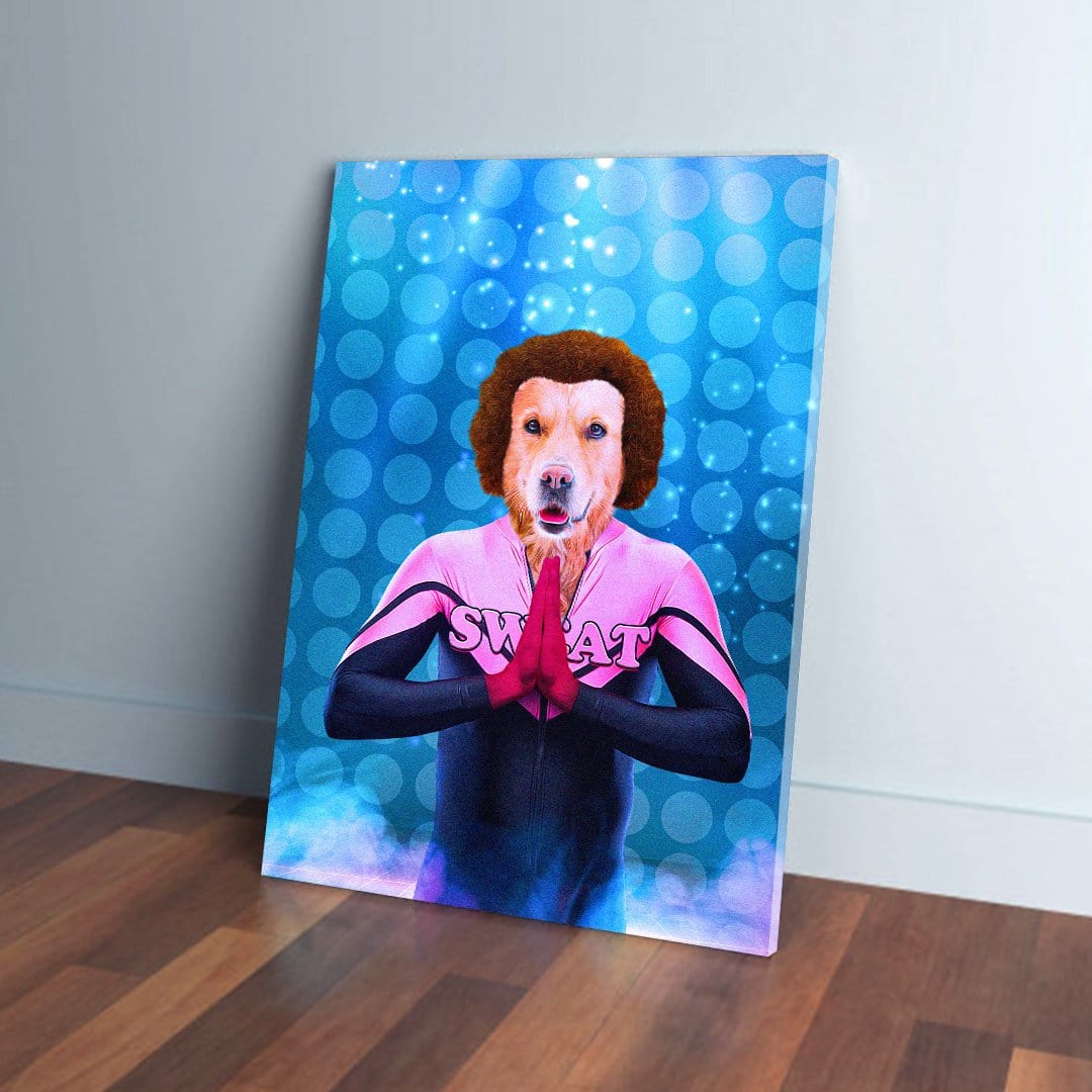 Golden Retriever in a pink and black "SWAT" tracksuit, with an afro, against a blue bokeh background.
