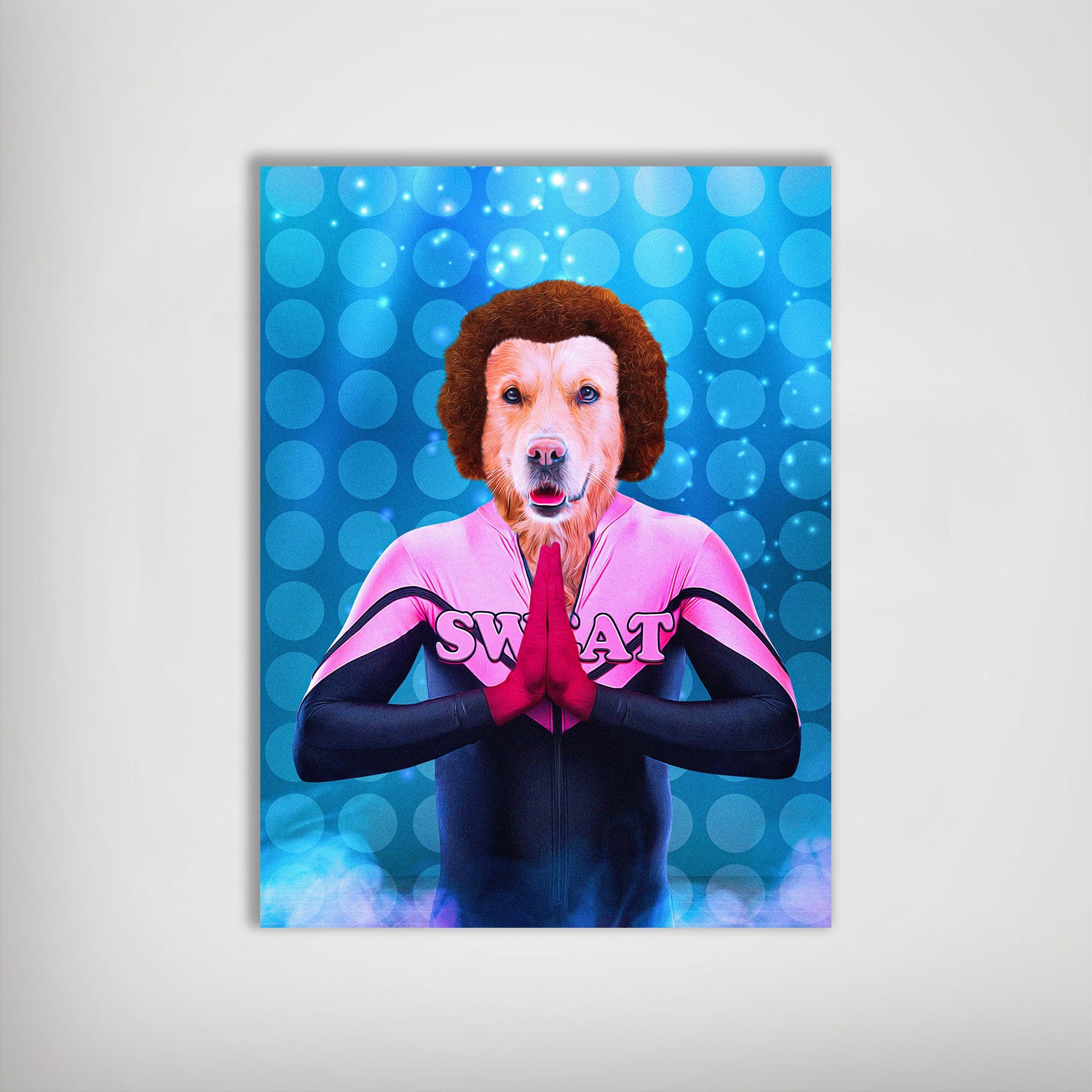 Personalized pet poster featuring a golden retriever in a pink and black "SWAT" uniform, with a blue bokeh background.