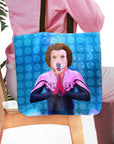 Personalized pet portrait tote bag featuring a golden retriever in a pink "SW EAT" yoga outfit.