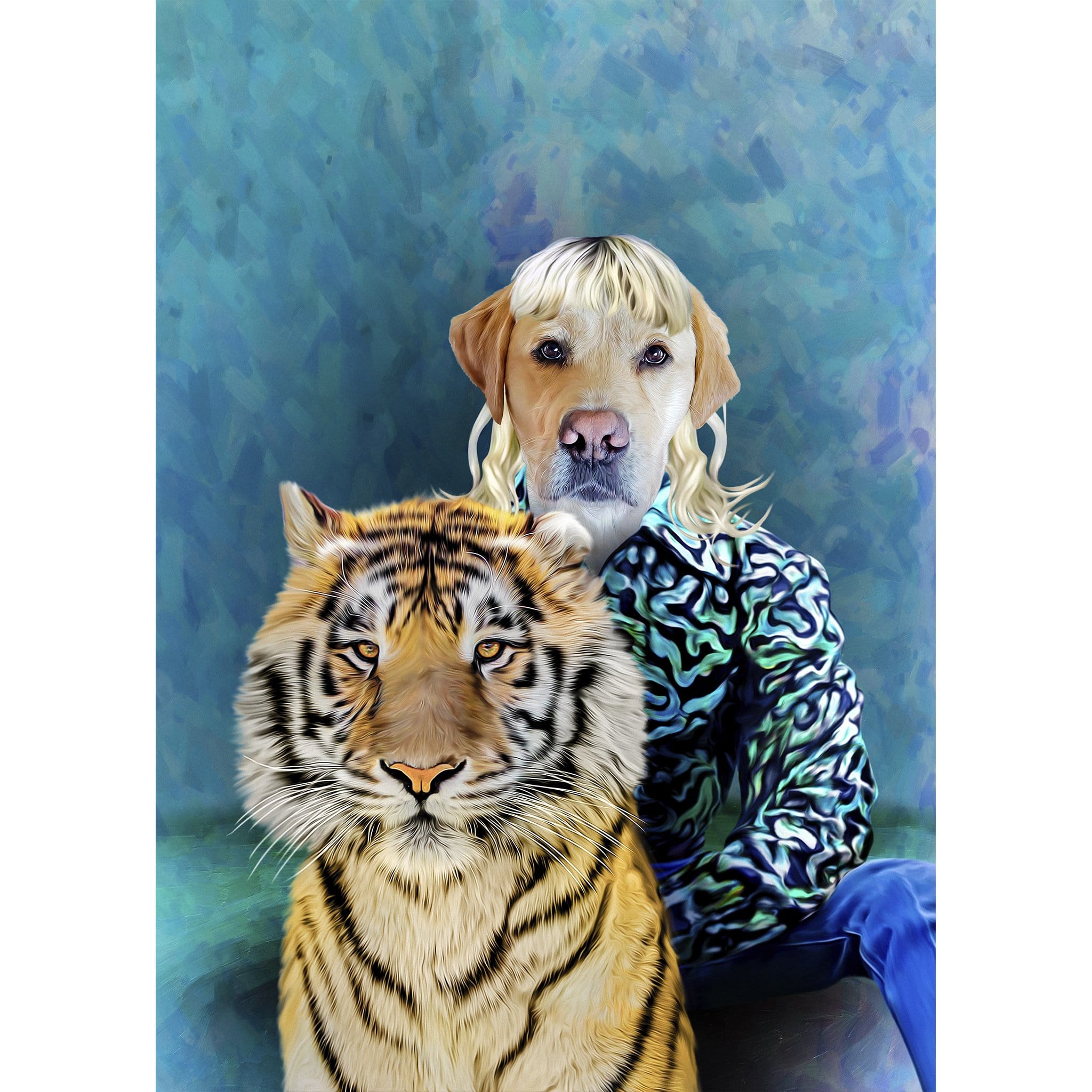 Custom digital portrait of a dog with blonde hair and a tiger, in a "Woofer King" style.