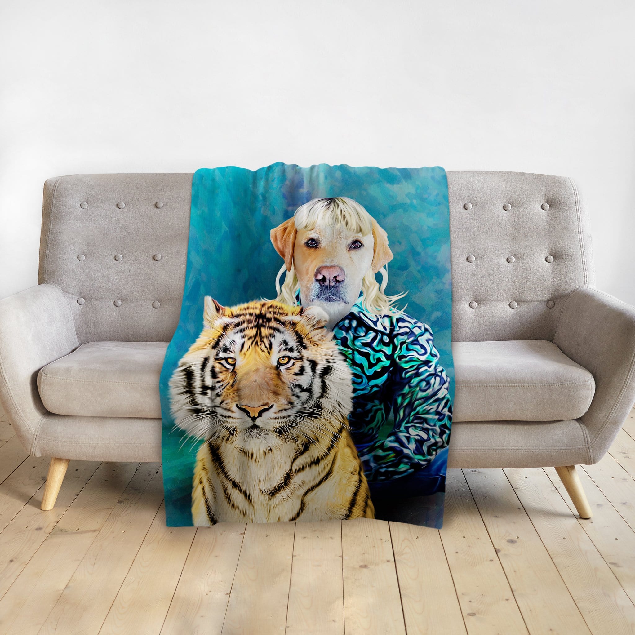 Personalized pet blanket with a Doggovinci portrait of a dog and a tiger in a blue watercolor style.