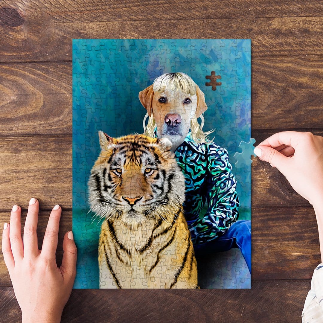 Personalized pet puzzle featuring a dog and tiger in a "Woofer King" style portrait.