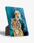 Personalized pet standing canvas featuring a dog's head on a person's body with a tiger, against a blue background.