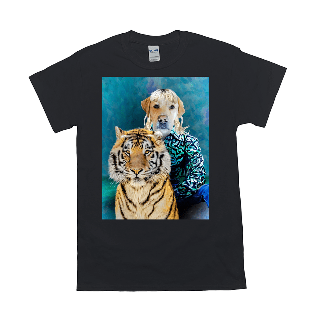 Black Gildan t-shirt with a personalized pet portrait of a dog with blonde hair next to a tiger.