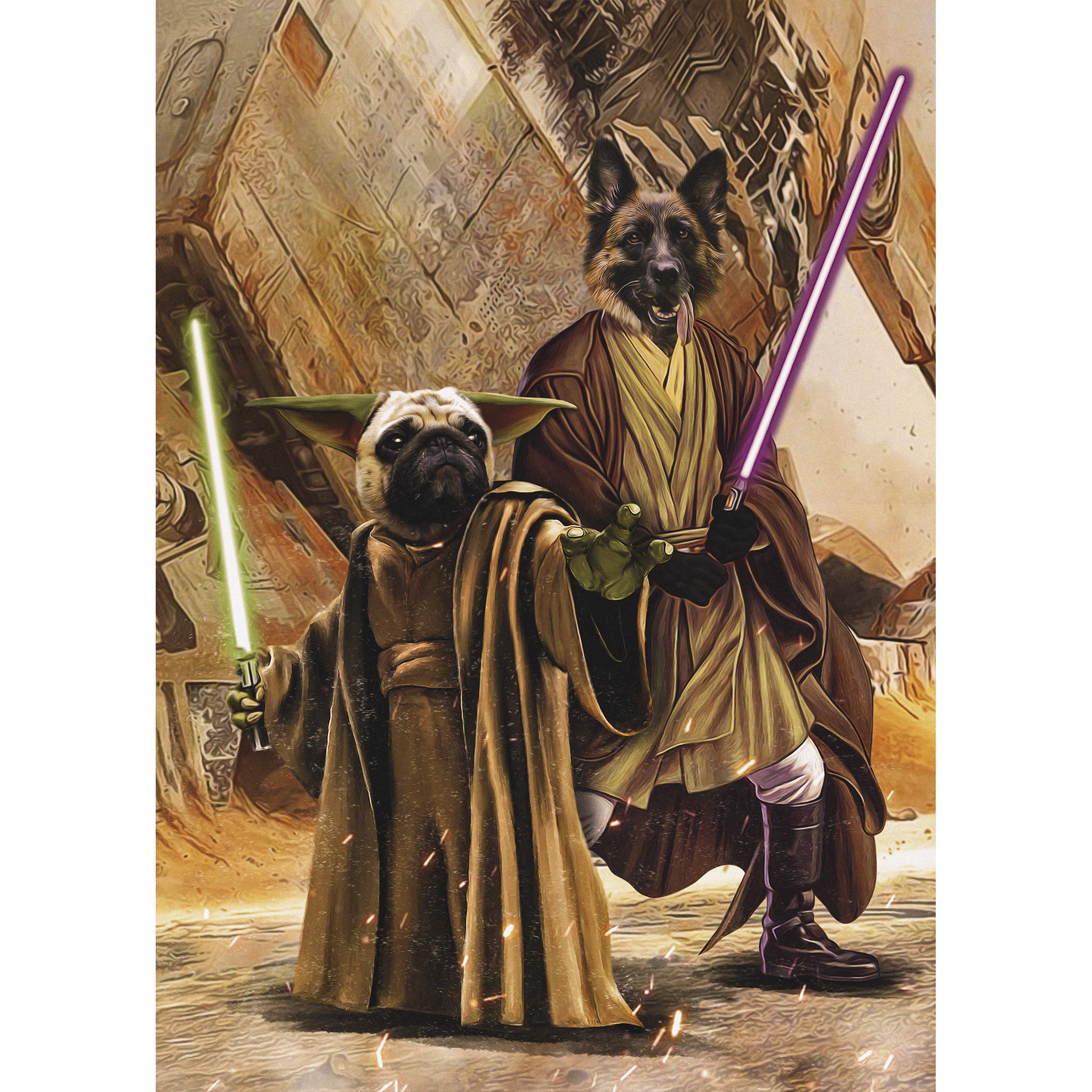 Custom digital portrait of a pug as Yoda and a German Shepherd as a Jedi, holding lightsabers.
