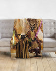 Custom personalized blanket with two pets as Star Wars characters, a French Bulldog as Yoda and a German Shepherd as a Jedi.