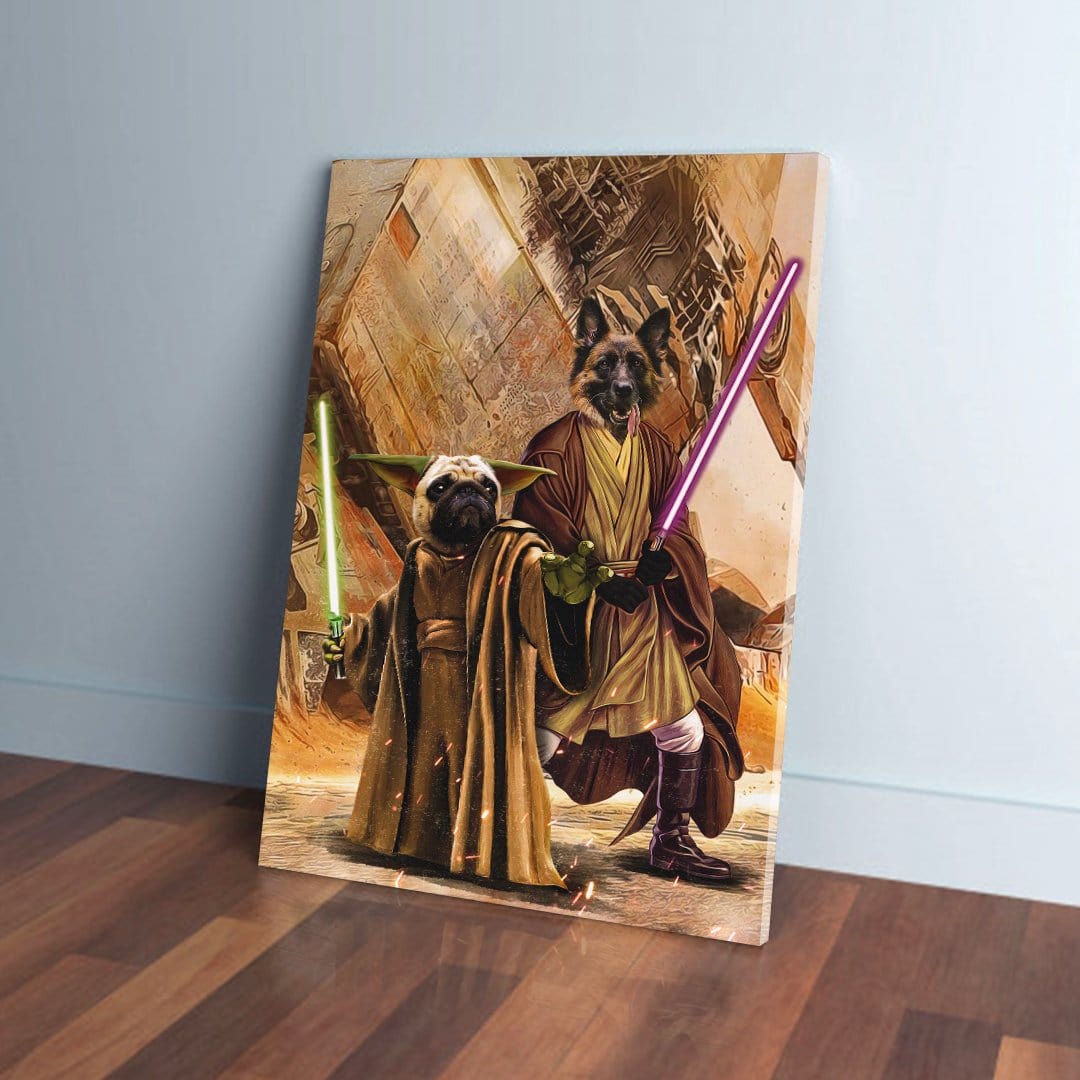 Personalized canvas featuring a pug as Yoda and a German Shepherd as a Jedi, holding lightsabers.