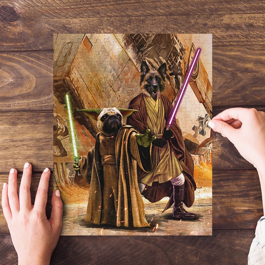 Personalized 2-pet puzzle featuring a pug as Yoda and a German Shepherd as a Jedi-Doggo.