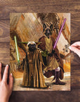 Personalized 2-pet puzzle featuring a pug as Yoda and a German Shepherd as a Jedi-Doggo.