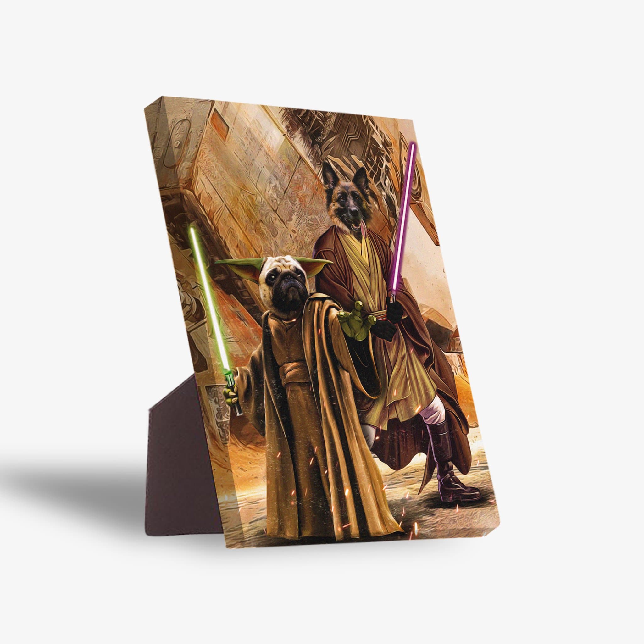 Personalized 'Yodogg & Jedi-Doggo' standing canvas featuring two pets as Star Wars characters with lightsabers.