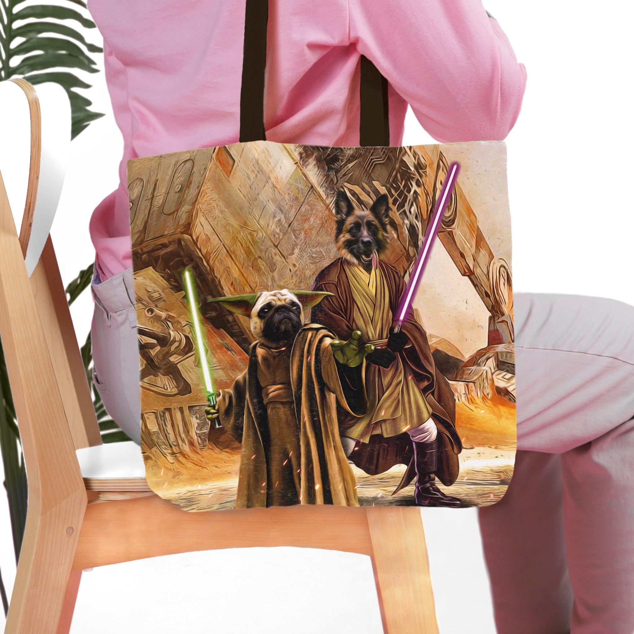 Personalized 2 pet tote bag with custom dog portraits in a Star Wars Jedi style.
