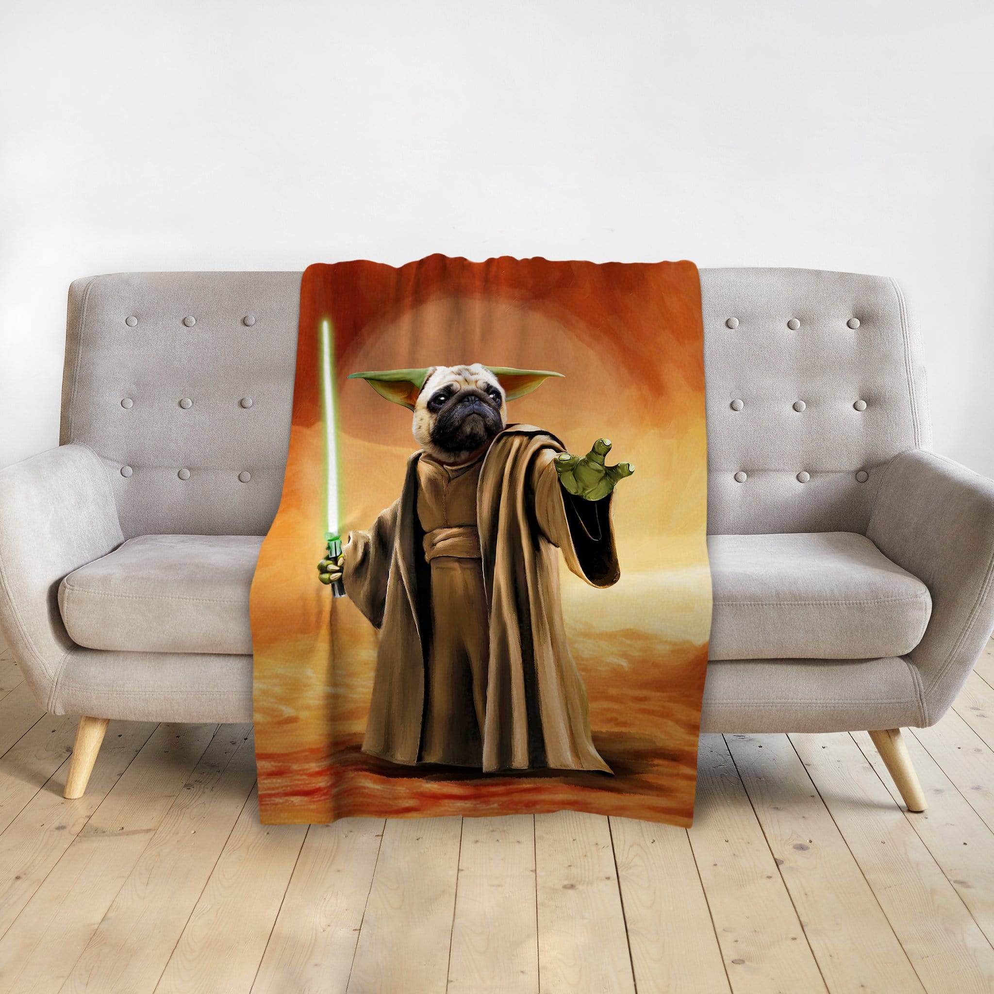 Personalized pet blanket featuring a pug dog portrait as Yoda holding a green lightsaber.