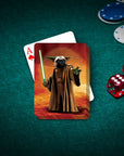 Personalized Yodogg playing cards featuring a custom pet portrait of a pug as a Jedi, on a green felt table with chips and dice.