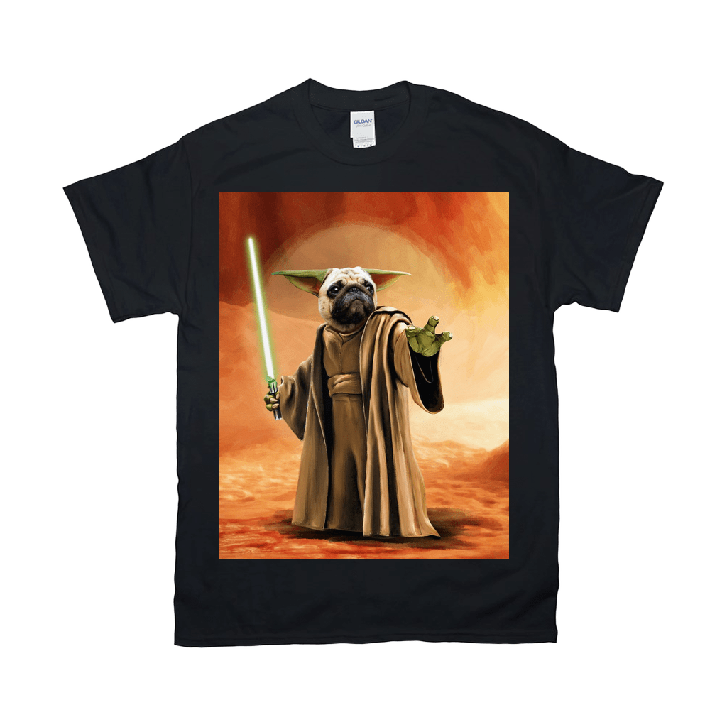 Black Gildan t-shirt featuring a personalized pug in a Yoda costume holding a green lightsaber.