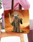Personalized Yodogg tote bag featuring a pug pet portrait as a Jedi master with a green lightsaber.